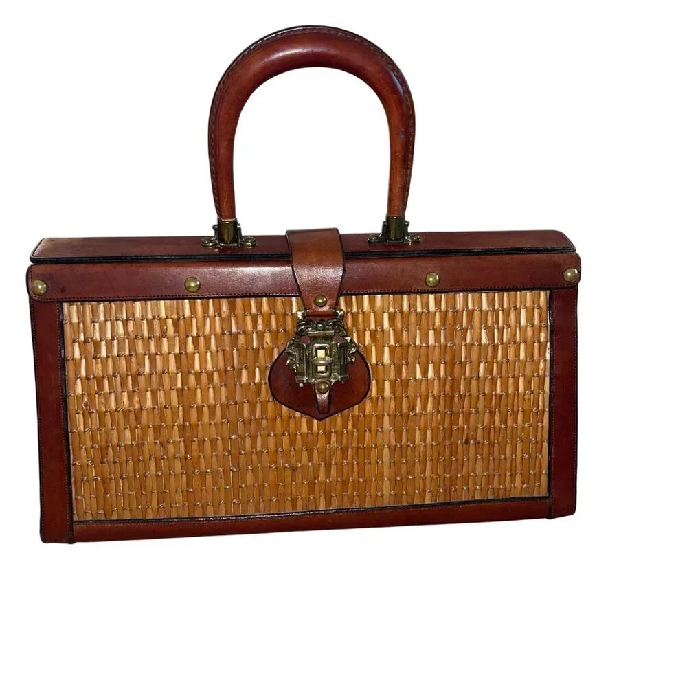 Etienne Aigner Vintage Womens Hand Bag Brown Leather Woven Rattan Satchel Purse